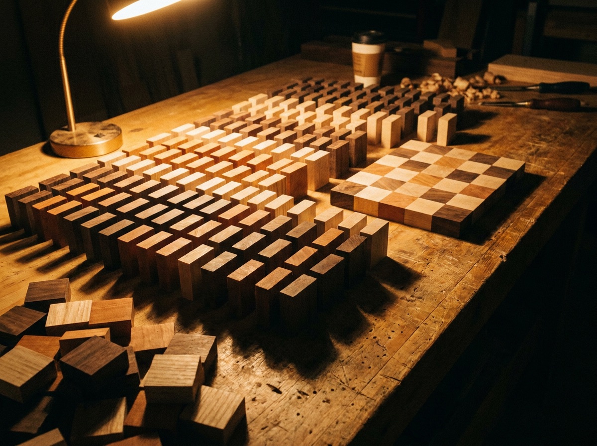 Cut hardwood blanks standing on end in rows on the bench, part-way through being arranged into a pattern.