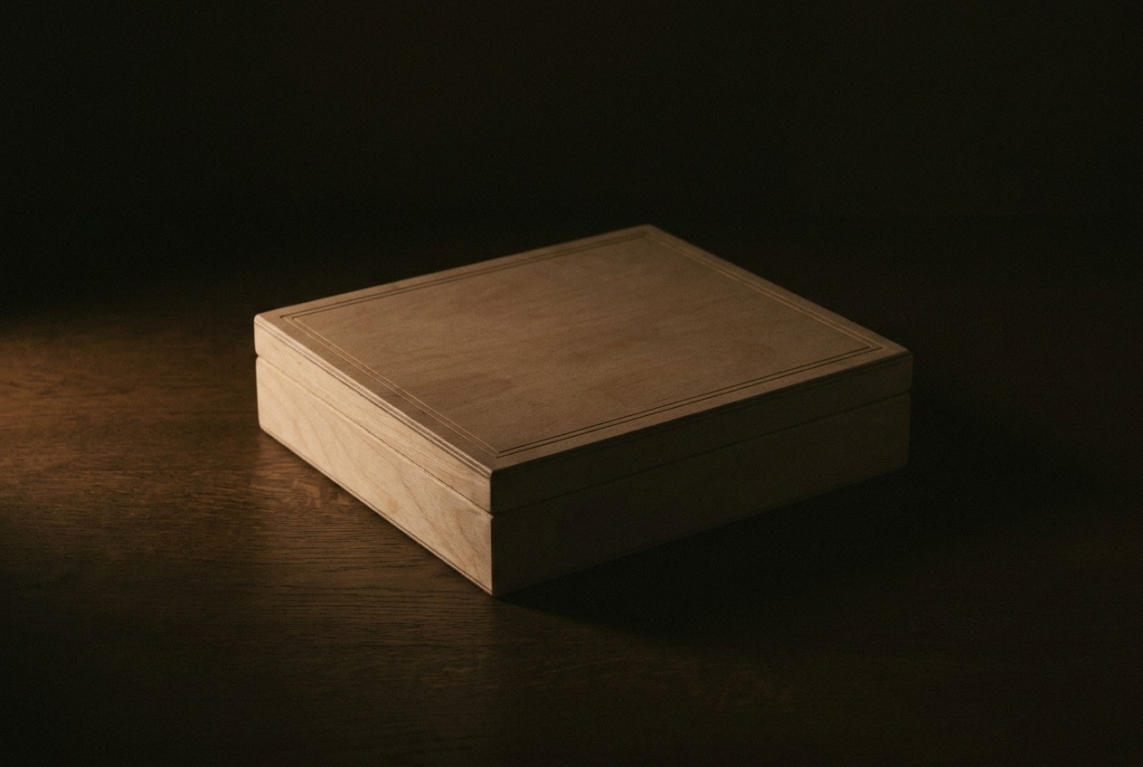 A birch presentation box, closed, on a dark surface under one low warm light.