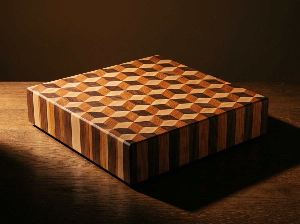 The Butcher: a ninety-millimetre-thick tumbling-block end-grain board.