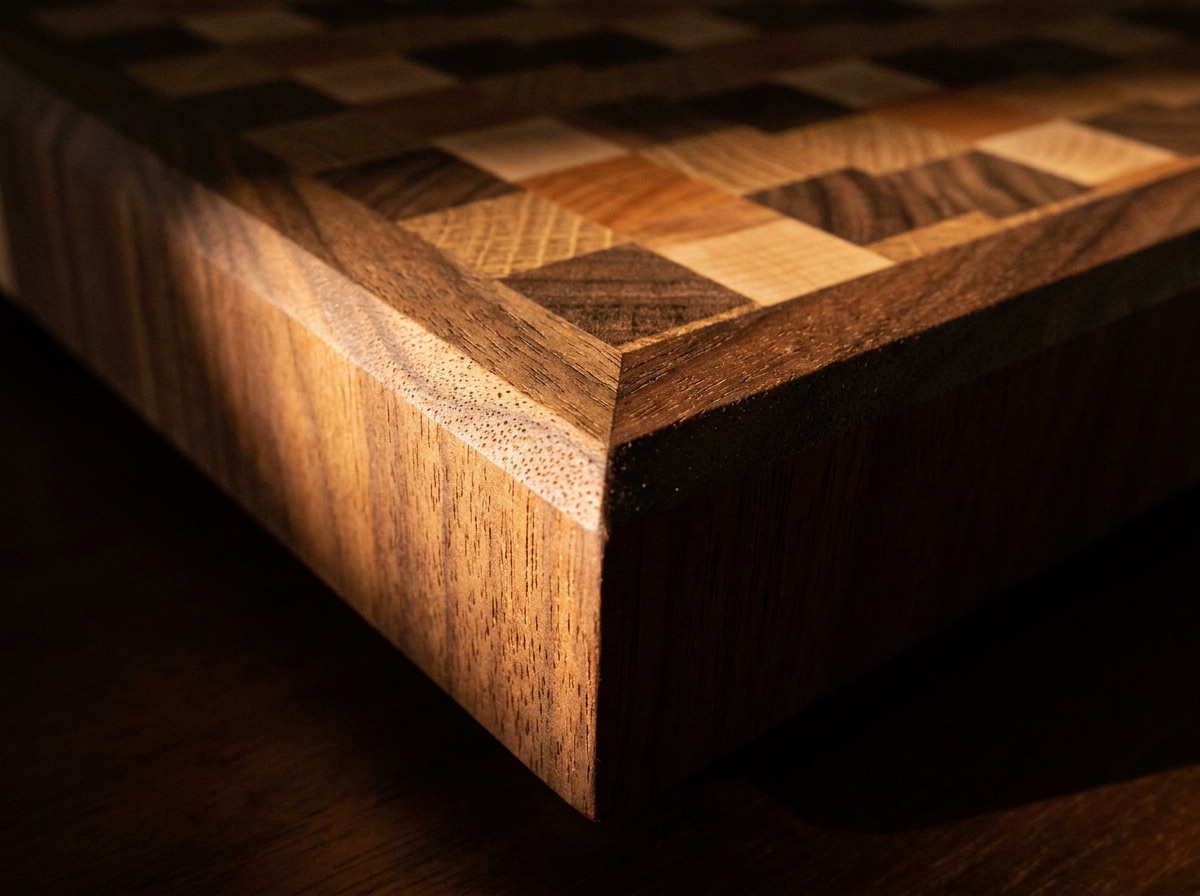 The chamfered edge of an end-grain board where the mitred walnut border meets the mosaic.