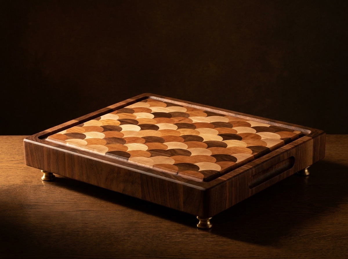The Chef board with routed hand grips and four turned brass feet.