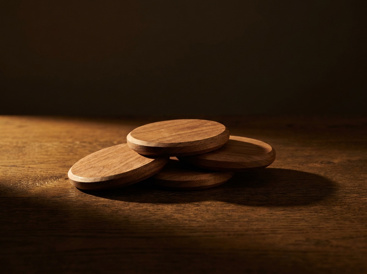 Four round walnut coasters with chamfered edges, stacked loosely.