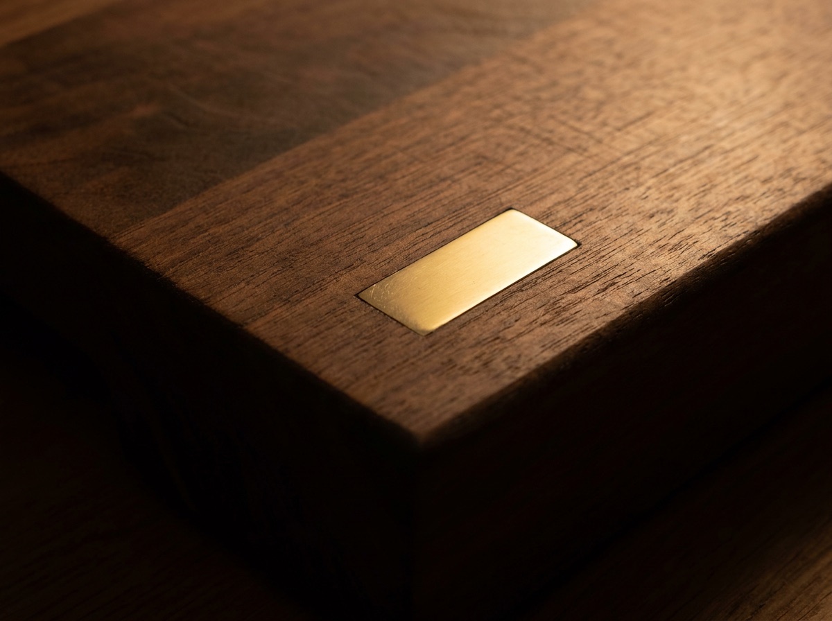 A brass maker's mark inlaid flush into the walnut border at the corner of a board.