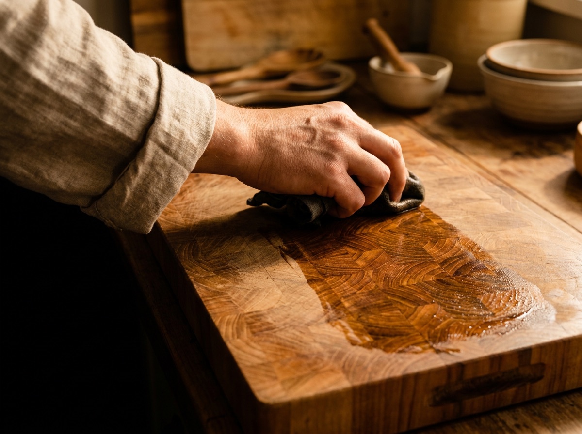 A hand working mineral oil into the end grain of a board with a cloth, the wet surface darkening where it has been covered.