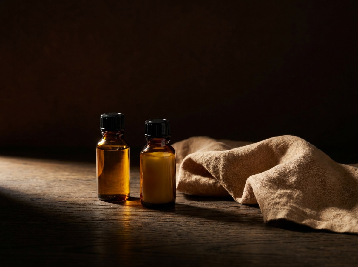 Bottles of food-safe mineral oil and beeswax balm beside a folded cloth.