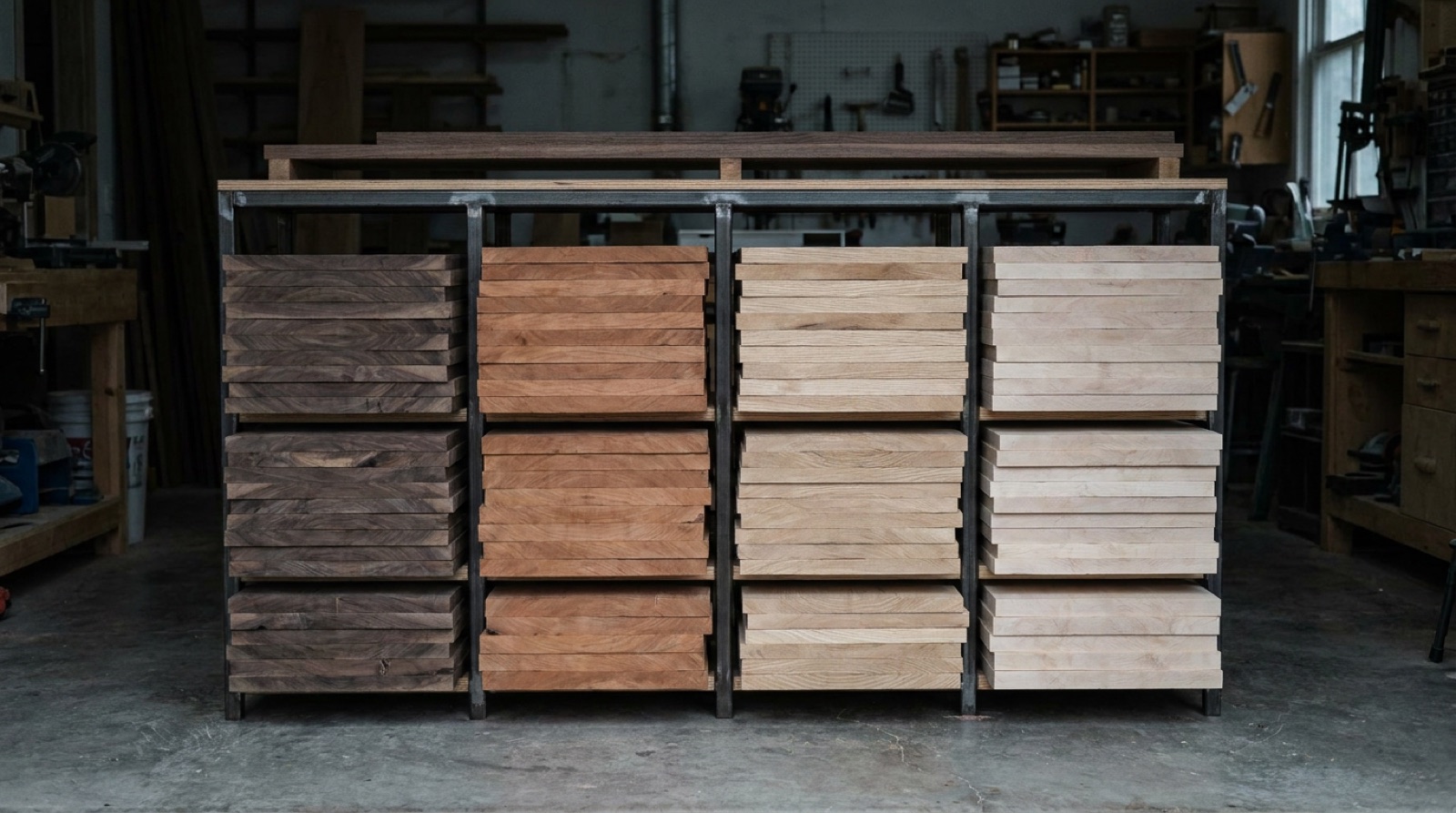 The timber rack in the workshop, holding walnut, cherry, oak and maple stacked in four separate bays.