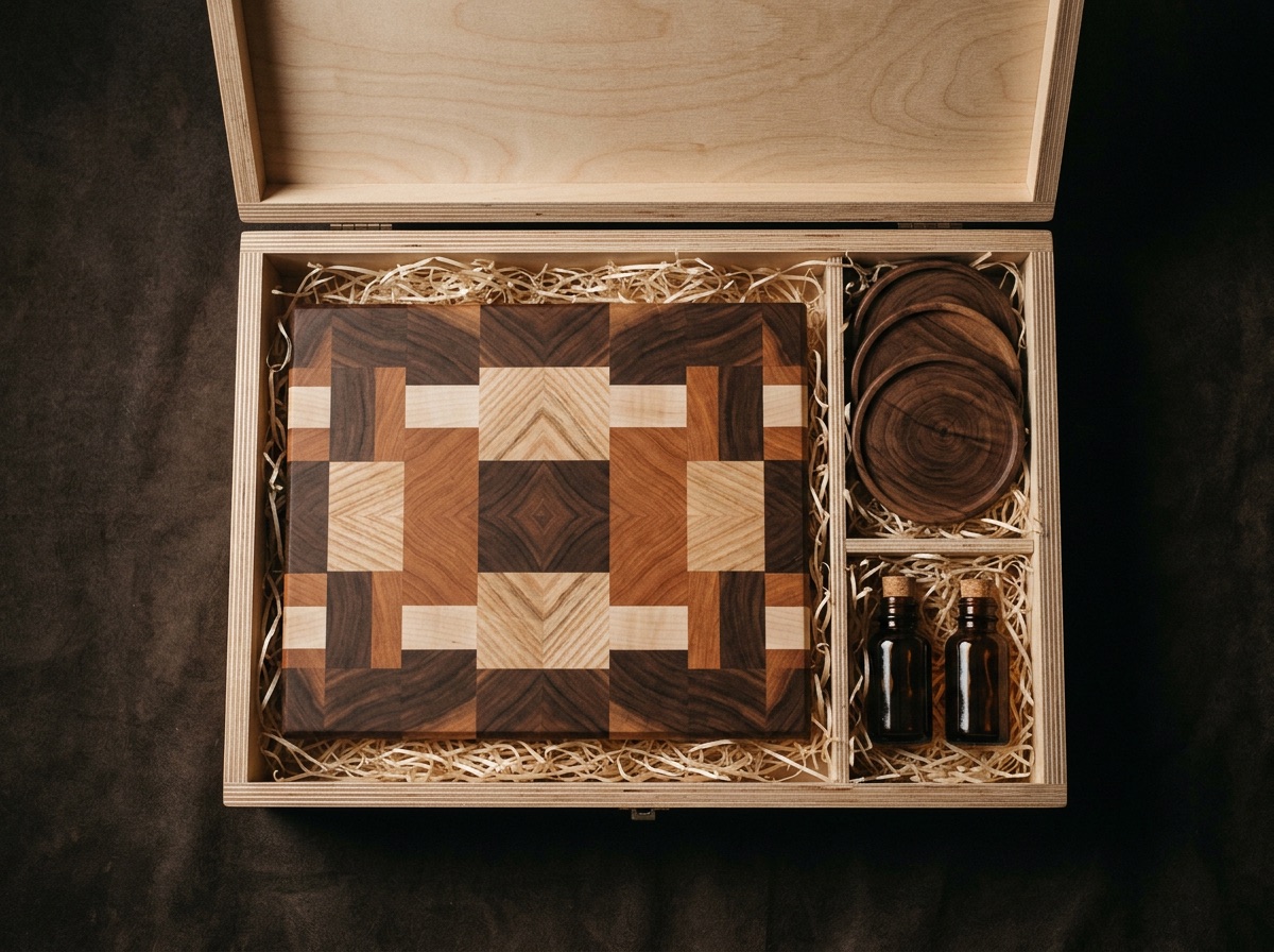 The Atelier Set: a board, four coasters and the care kit in a birch presentation box.