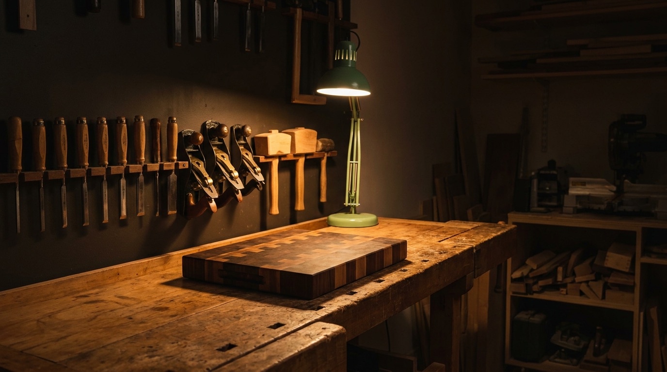 The Noir Grain workshop: hand tools racked on a dark wall above a heavy bench, a finished board resting on it.